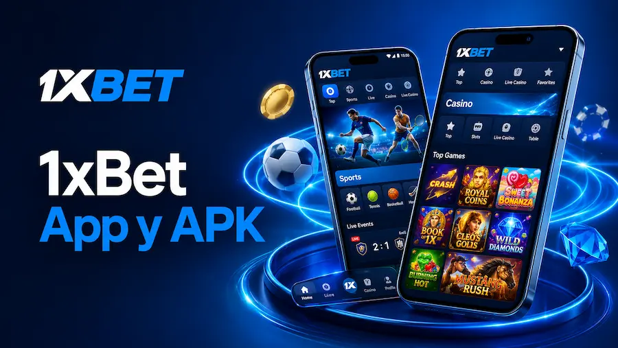 1xBet App y APK: dos smartphones con interfaz móvil de casino y apuestas deportivas