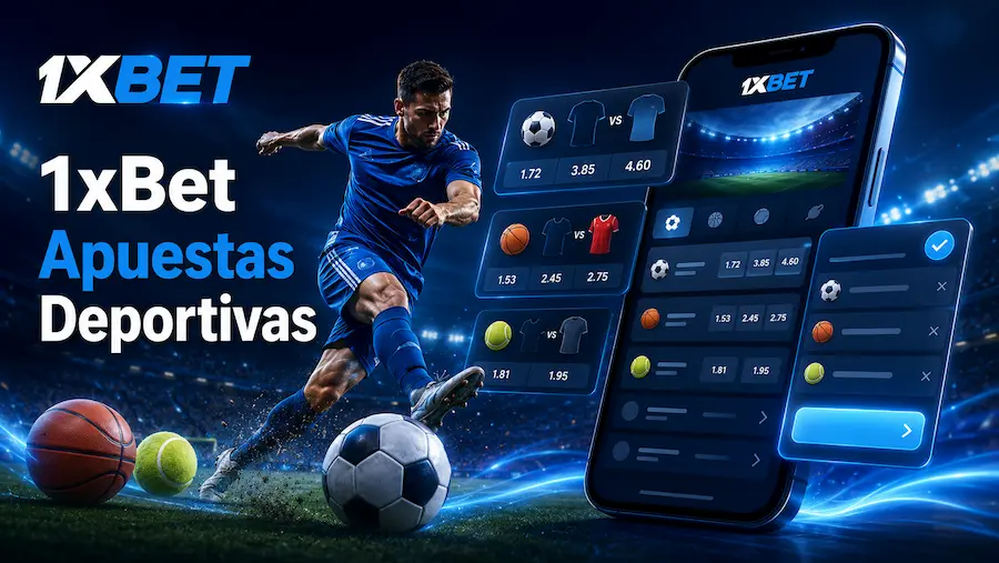 1xBet Apuestas Deportivas: interfaz móvil de apuestas con fútbol, tenis y baloncesto en estilo azul premium