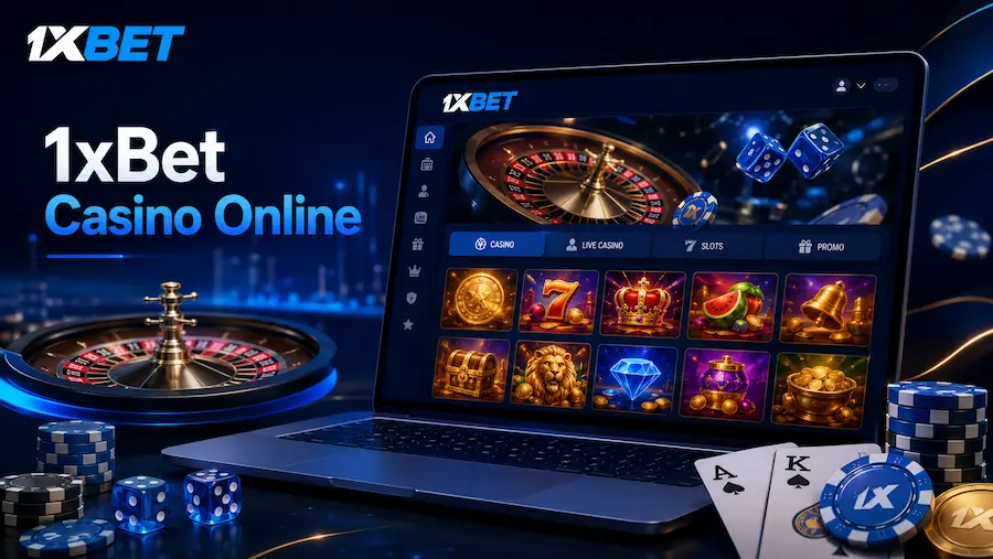 1xBet Casino Online: lobby de casino con tragamonedas, ruleta, cartas, dados y fichas