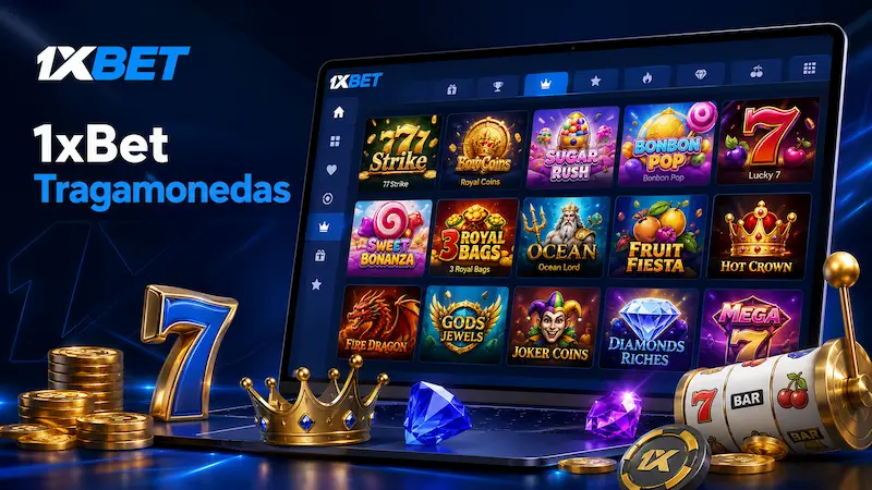 1xBet Tragamonedas: lobby de slots con juegos populares, laptop, rodillo, monedas, corona y gemas en diseño azul premium